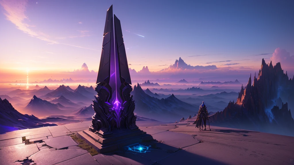 masterpiece, best quality, (extremely detailed CG unity 8k wallpaper), (best quality), (best illustration), (best shadow), absurdres, realistic lighting, (Abyss), beautiful detailed glow, art by PeterMohrBacher, gold and purple, obelisk at sunset
