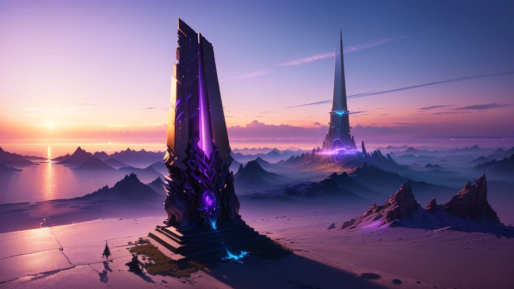 masterpiece, best quality, (extremely detailed CG unity 8k wallpaper), (best quality), (best illustration), (best shadow), absurdres, realistic lighting, (Abyss), beautiful detailed glow, art by PeterMohrBacher, gold and purple, obelisk at sunset