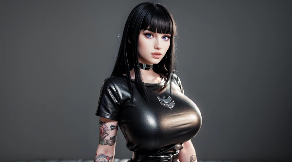 charlottefortnite, long hair, black_hair, bangs, blunt_bangs, red eyes, choker, red eyes, latex skirt, black_skirt, black latex shirt, belt, kneehighs, tattoo (masterpiece, HDR photo) BREAK droptop BREAK ((photorealistic), realistic face), big breasts, beautifully detailed woman, realistic face, detailed mouth, extremely detailed eyes_and_face, beautiful attractive face, beautiful detailed eyes, (photorealistic), pronounced feminine feature, matte eyeshadow, eyelashes, eyeliner, smooth skin, standing