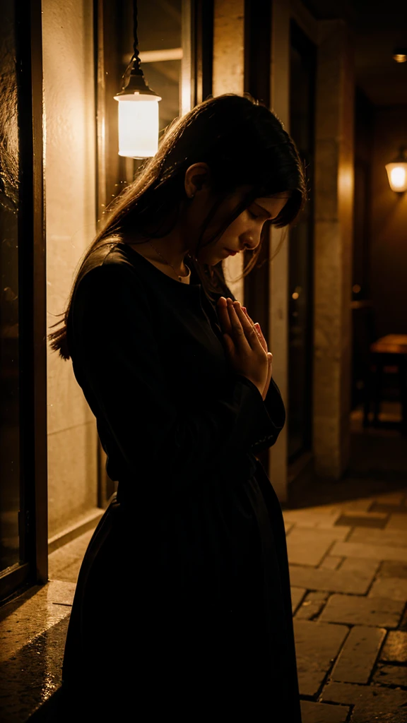 Woman praying aside, in the night