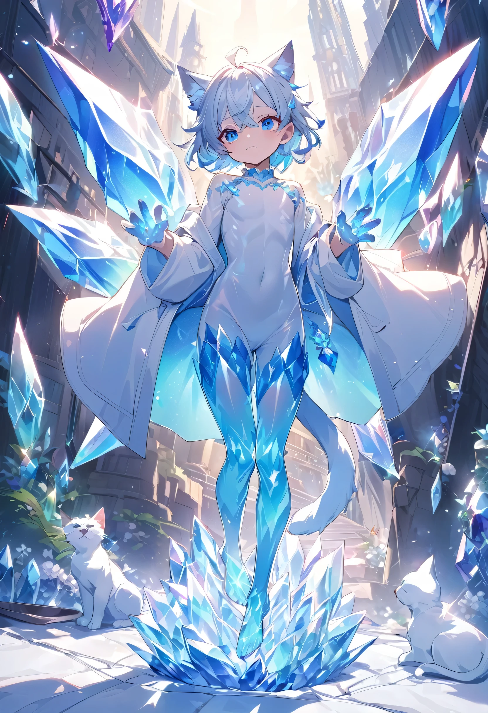 Little male cat,Boys,Has a tail,Lovely,Thin,struggle,eternal,crystallic,Blue slime,Feet turned into crystal,Hands turned into crystal,Crystal legs,Crystal feet,Crystal hands,illumination,freeze,Feet are frozen,charming,Boys ,BlueCrystal feet,Wear Tight Fit Clothes,plastic,Full body portrait,Smooth,Full body tight fit,Thin,Light blue gel coat,Full body gel coating,outdoor,naked,Small pants,Tight Fit,No clothes,Sitting on the floor looking at my crystal feet,Crystal calf,Crystal hands臂,Crystal hips,Crystal clothes