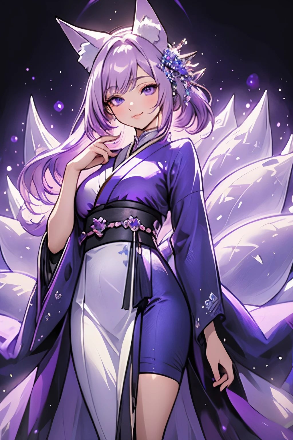 ((best quality)), ((masterpiece)), (detailed), detailed eyes, detailed hands, female humanoid kitsune, standing, wearing a short thigh-length kimono, crystal crown on top of her head, long light purple hair, light purple fox ears, detailed crystal fox tails, delicate and beautiful detailing of nine evenly spaced-out crystal foxtails, crystal fox tails, beautiful face, well-proportioned detailed purple eyes, round detailed purple eyes and makeup, beautiful detailed and clear purple eyes, volume smooth and sharp, long flat bangs, fictional art, best photos, best quality, delicate, mouth closed smile, not fully smiling