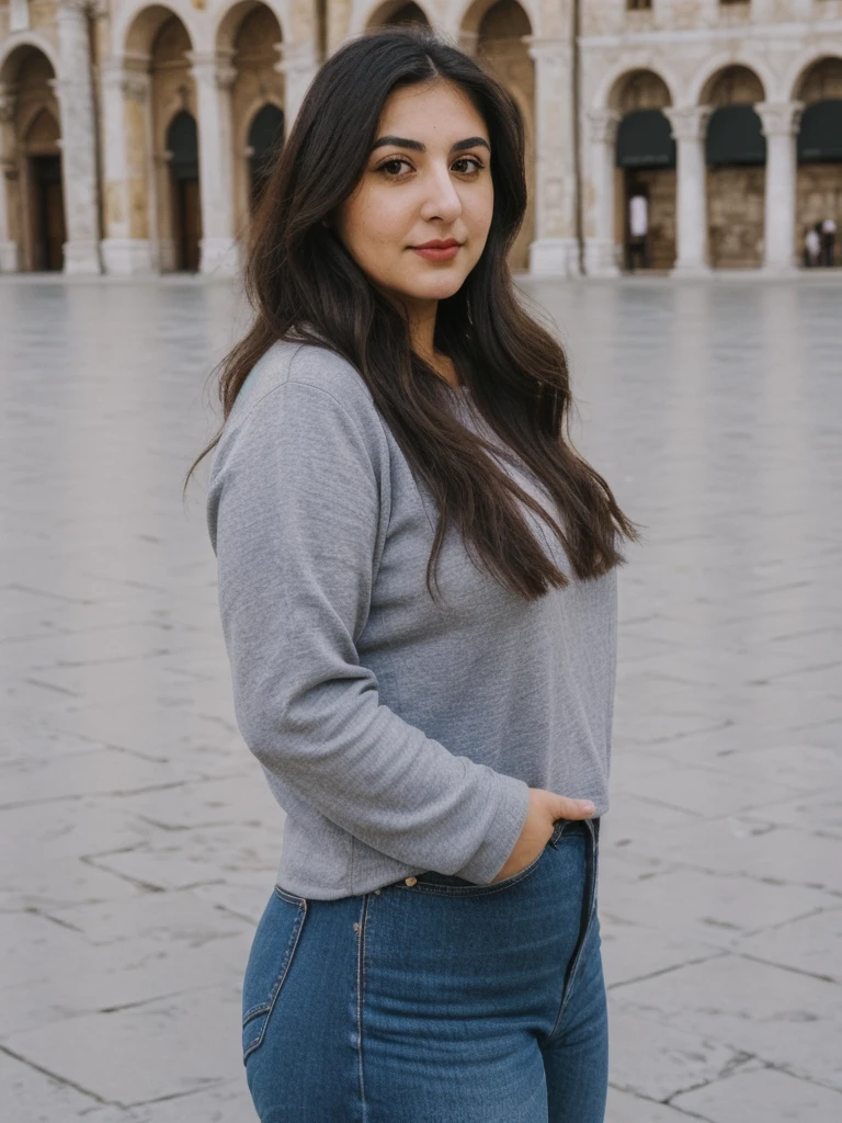 Caseyli, 1girl, solo, 30 years old, (((Georgian face))), (((Georgian nose))), (((Georgian lips))), ((((chubby)))), (((wide hips))), (((dark blonde hair))), wavy medium hair, wearing stylish Generation Z modern wear, ((Background: Piazza San Marco in Italy))