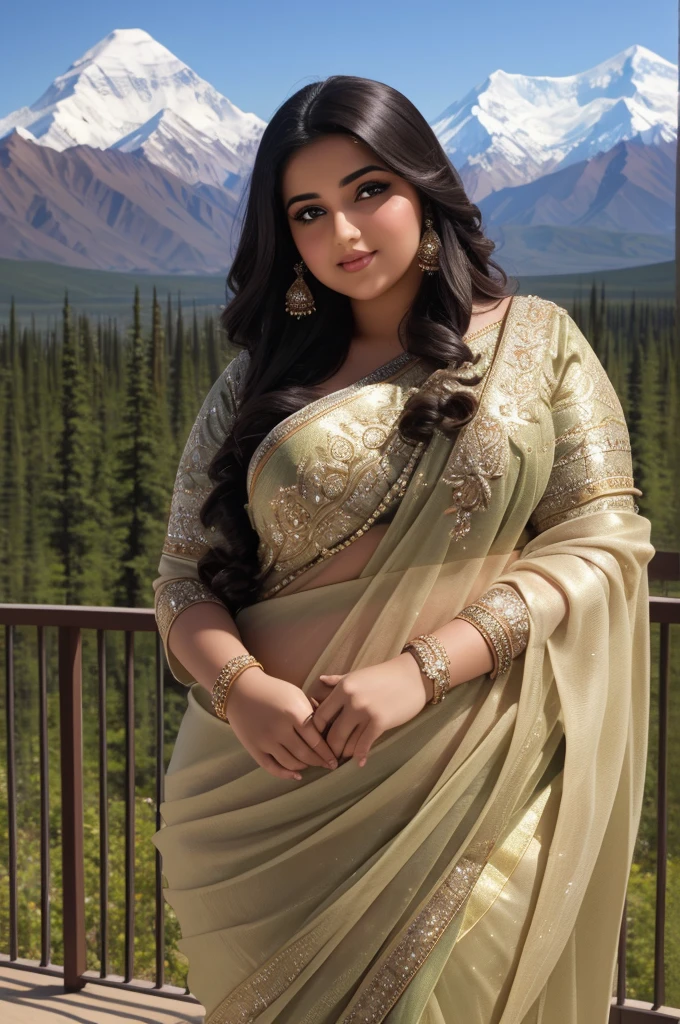 1 Heavenly beautiful and goddess beauty cute and sweet looking face Arabian woman in front of Denali mountain, Heavenly beautiful Overweight, Heavenly beautiful Extremely fat, Heavenly beautiful and attractive Chubby figure , Heavenly beautiful looking and eye catching luxury style saree , reaching out, Heavenly beautiful Arabian woman, 16k, High resolution, masterpiece, highest quality, fine skin, close up figure view, Realistic Photograph
