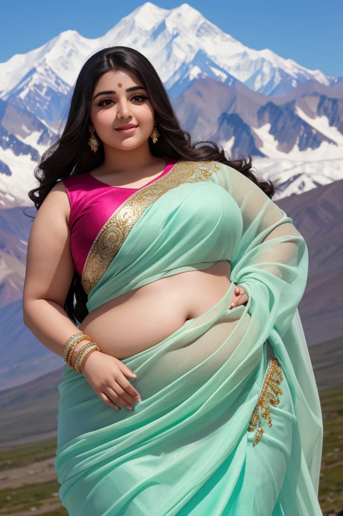 1 Heavenly beautiful and goddess beauty cute and sweet looking face Arabian woman in front of Denali mountain, Heavenly beautiful Overweight, Heavenly beautiful Extremely fat, Heavenly beautiful and attractive Chubby figure , Heavenly beautiful looking and eye catching luxury style saree , reaching out, Heavenly beautiful Arabian woman, 16k, High resolution, masterpiece, highest quality, fine skin, close up figure view, Realistic Photograph