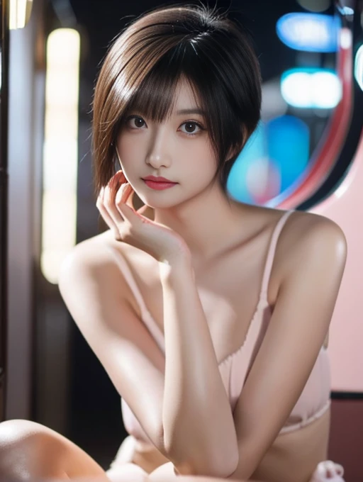 10 year old beauty，Perfect Eyes，Short cut with smooth and shiny hair、Her hair is light pink、Realistic 3D images、Very beautiful brown skin，Bust is very very very big、Full body nude images、The background is an arcade、High resolution、high resolution、A seductive pose with her hair brushed back、high resolution写真、Her lips are a light orange color with a lustrous shine.、Hairless genitals、Clear, sharp images of the lower body、Masterpiece 8K、