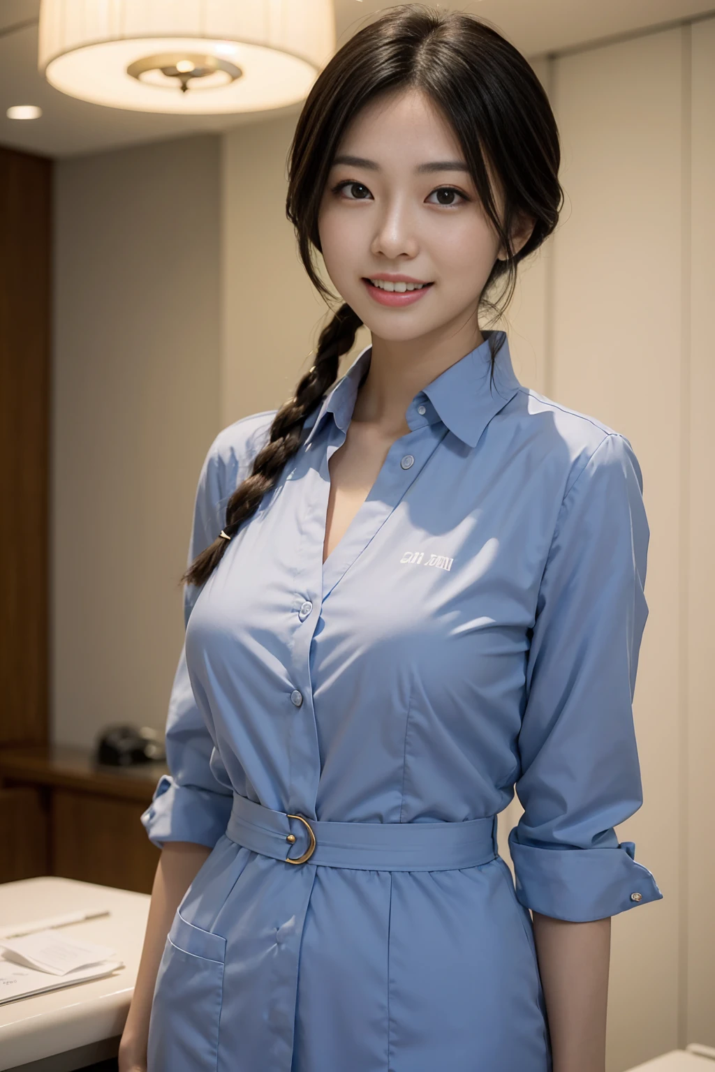 Create a close-up image of a beautiful Japanese female dental hygienist with a seductive smile。She was wearing a tight dental hygienist uniform.、プロフェッショナルさとcharmを強調しています。Her hair was neatly tied up.、She has an elegant look with her short hair style.。The background is a softly blurred dental clinic、The warm lighting highlights her features.。The makeup is perfect、特に目と唇に重点を置いて彼女のcharmを引き立てています。Confident、She has a slightly mysterious look、Elegance、charm、And it creates a professional atmosphere.。The uniform fits her body perfectly.、Show off your curves but still look polished and professional。makes her silhouette look elegant、Make sure to highlight her style。
