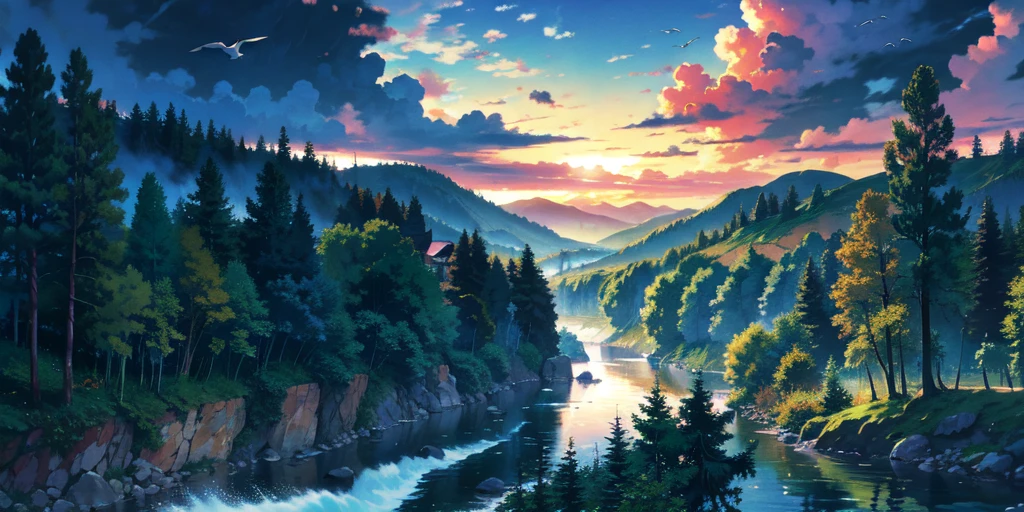 Vision，River flowing out of the forest，There are waves in the water，There are clouds by the water，Birds flying over the river，Shock Point，Light Spot