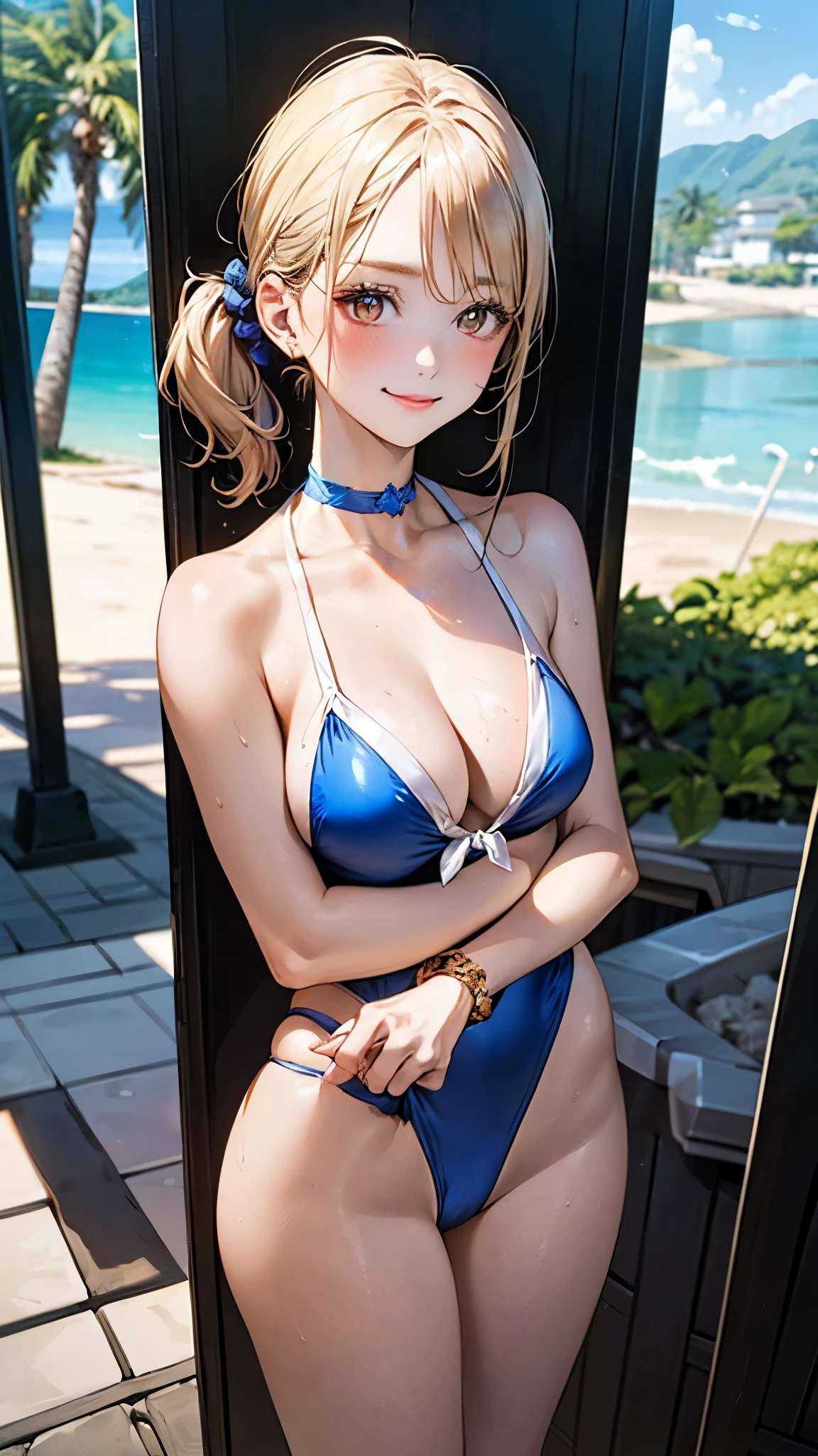 (masterpiece:1.2, Highest quality), (Realistic, photoRealistic:1.4), Beautiful illustrations, (Natural Side Lighting, Cinema Lighting), Browsing Caution,
View your viewers, Cowboy Shot, 1 girl, Japanese, Idol Sculpture, high school girl, Perfect Face, Cute and symmetrical face, Sunburn, Glowing Skin, thin,
(short hair:1.2, Side Ponytail:1.2, Blonde), Parted bangs, Golden Eyes, Long eyelashes, (Large Breasts:0.6),
Beautiful Hair, Beautiful Face, Beautiful attention to detail, Beautiful clavicle, Beautiful body, Beautiful breasts, Beautiful thighs, Beautiful feet, Beautiful fingers,
((Blue swimsuit), Black choker, Wrist Chakra),
(Beautiful views), Tropical beach, (Cute smile, Upward glance),
