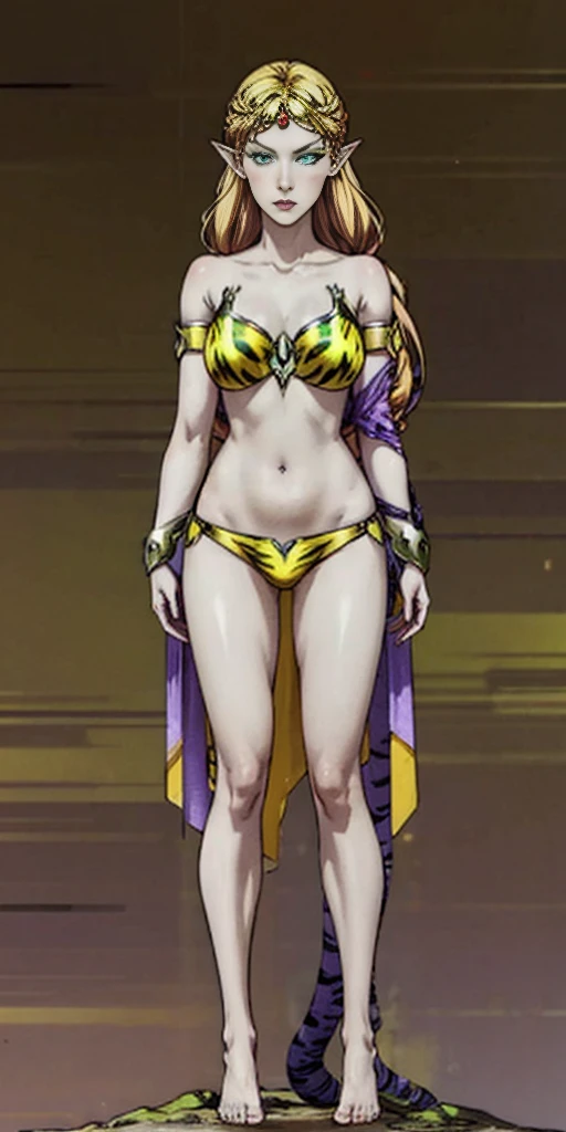 tsundere elf full body toe to head, long hair, blonde hair (green eyes:1.1) pointy ears, elf, multicolored hair, forehead jewel, yellow tiger bikini, standing symmetrical, plain background