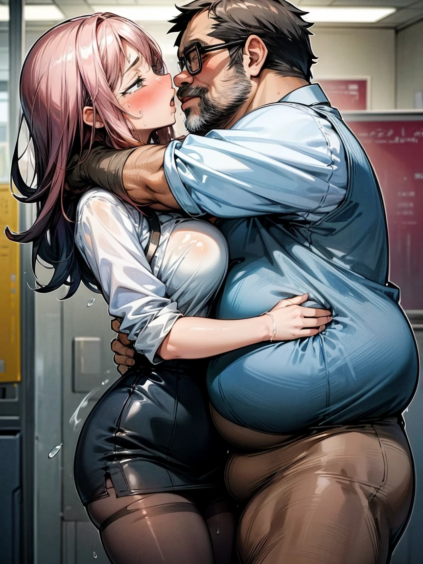 (One Girl, Fat middle-aged man:1.2), Torn pantyhose, White shirt, Pencil Skirt, blush, French kiss, hug, Big Breasts, office, Very detailed, High resolution, 4K, masterpiece, High resolution、(tears:1.4)、wall、Push down