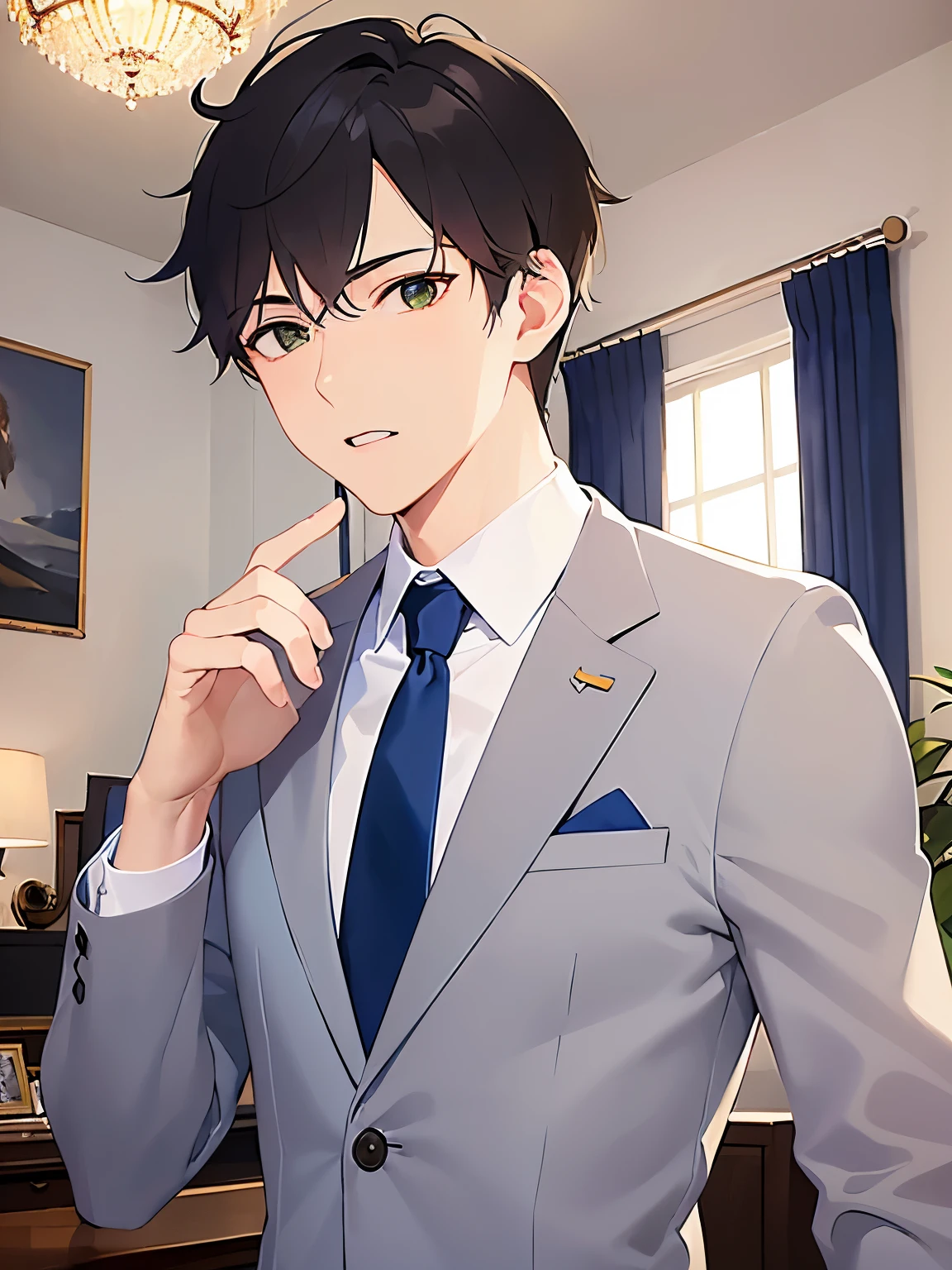 side angle, upper body、masterpiece、Highest quality、(25-year-old male:1.5) and (Brown short hair) and (Green Eyes), (suit:1.5) and (Blue tie)、confused, The background is the living room、(Alone:1.5)、Upper body is shown、Are standing
