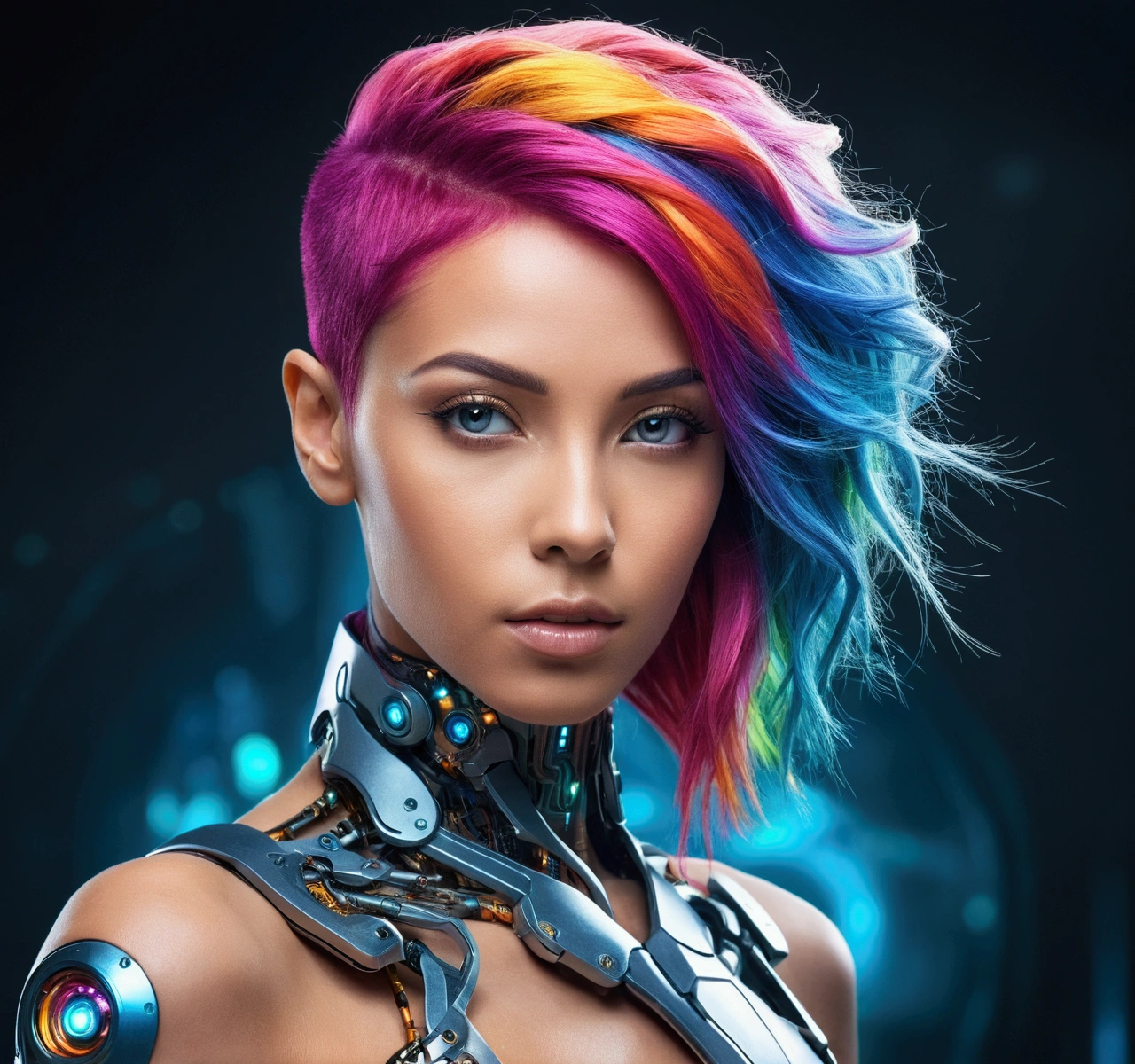 "A stunning, beautiful woman with colorful hair, high-resolution photo capturing the essence of a futuristic cyborg with intricate details and dynamic angles."