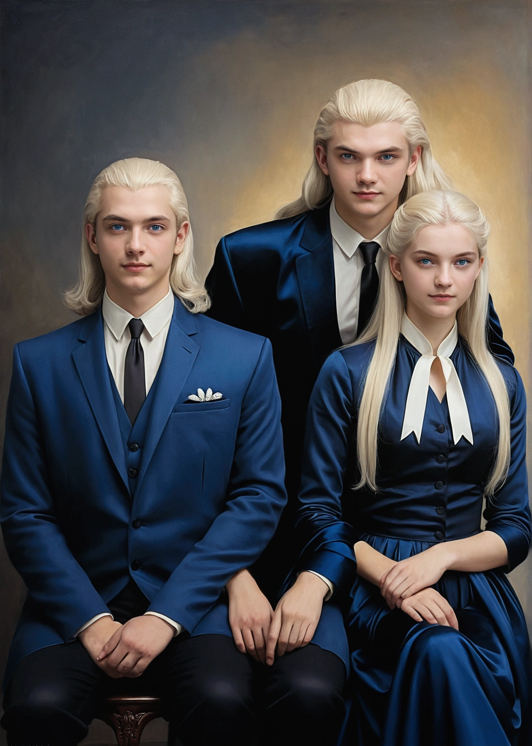 art by Philippe de Champaigne. smart, portrait of 3 brothers. Older brother with platinum blonde hair, ojos color azul y White skin. Second middle brother, white hair, blue eyes, sly smile, White skin. Third younger sister, young woman, Dark black hair, blue eyes, White dress, sitting between the two men.