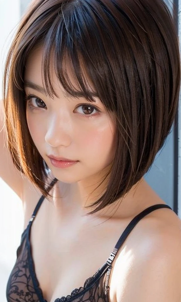 (Highly realistic photos, High resolution, Detailed face, Fine Eyes), ((Photographed in front of a white wall))、Japanese women, OL, various expressions, alone:1, Slim figure, Mr..々Hairstyle,  Only one person is in the photo、nude、Completely naked、Photographed in natural light、Simple Necklace、Don&#39;Don&#39;Don&#39;Don&#39;t look at the camera、profile、Pink brown hair color、Bob Hair、The whole body is shown、Many moles、Arms behind your back