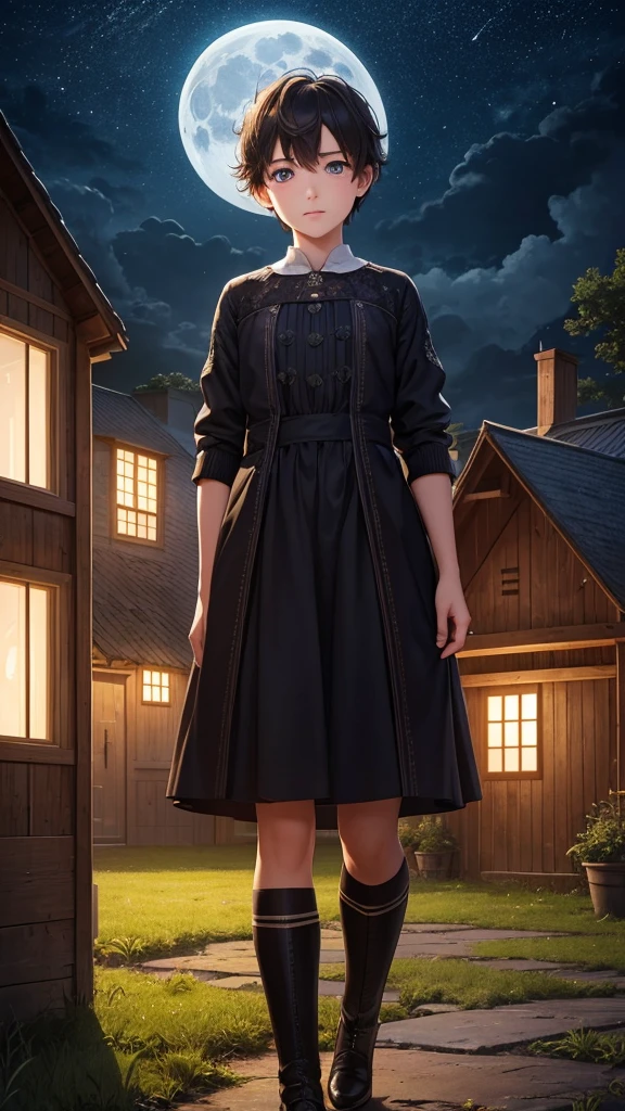 a boy in a moonlit farmhouse,beautiful detailed eyes,beautiful detailed lips,extremely detailed eyes and face,longeyelashes,1boy,photo-realistic,4k,8k,highres,masterpiece:1.2,ultra-detailed,realistic,photorealistic,photo-realistic:1.37,HDR,UHD,studio lighting,ultra-fine painting,sharp focus,physically-based rendering,extreme detail description,professional,vivid colors,bokeh,landscape,moonlit night,moon,stars,fireflies,countryside,barn,wooden house,fields,crops,nature