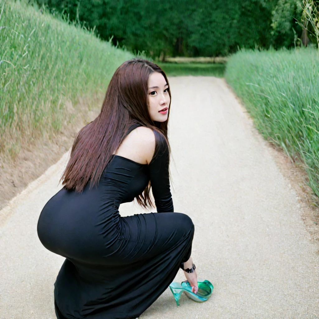 shot of a young woman squatting on her knees in a maxi dress, bodycon dress, rear view