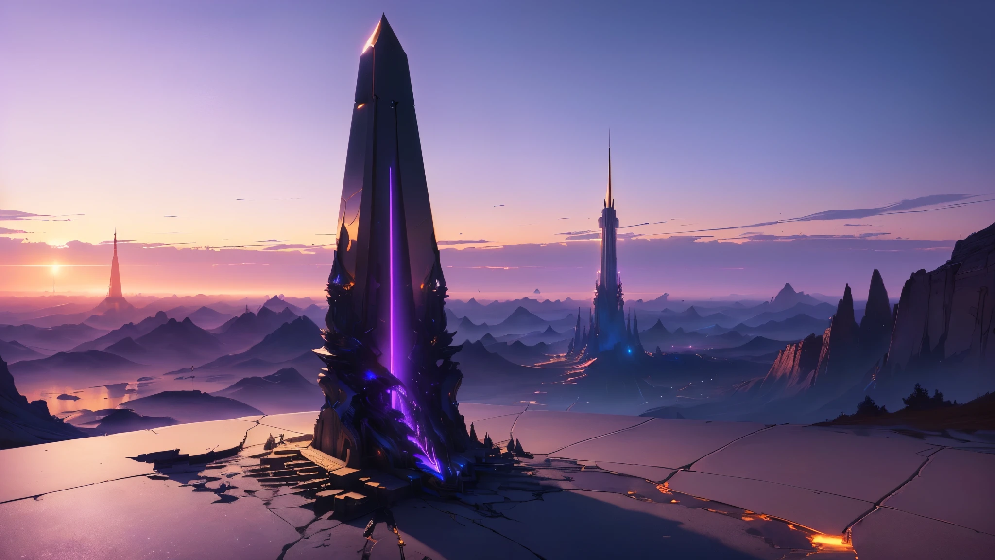 masterpiece, best quality, (extremely detailed CG unity 8k wallpaper), (best quality), (best illustration), (best shadow), absurdres, realistic lighting, (Abyss), beautiful detailed glow, art by PeterMohrBacher, gold and purple, obelisk at sunset