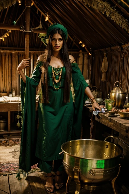 scary beautiful indian witch in long green outfit traditional outfit long hair scary green okhos emerald green with golden cauldron in a ghastly gypsy hut
