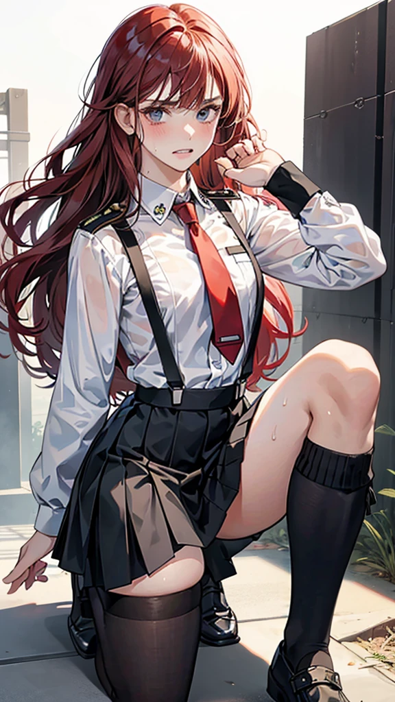 {{masterpiece}}, {{{Highest quality}}},{{Very detailed}}, {{figure}},{{tall}},{{Adult female}},,{{Fighting stance}},{},{{Long sleeve mini skirt uniform}},{on one knee{}},}}{}},{fighting stance}},{},{}, ,{{}},{{Eyelet foot}},,{{blushing with anger}},{{}},,{{}},{{}},,Slender body}}{{Avoidance}}{{Female police officer}},,,,suspenders ,Long sleeve mini skirt uniform, White High Socks,Black fingerless gloves, Long Red Hair, Red tie,Straight hair ,Blunt bangs,Thigh holster,.amountn loafer,,blush,Wrinkles ,amount,Grit your teeth,suffering,v-shaped eyebrows.,Sweat dripping,Medium chest ,get annoyed,,Slums,,Twisting,