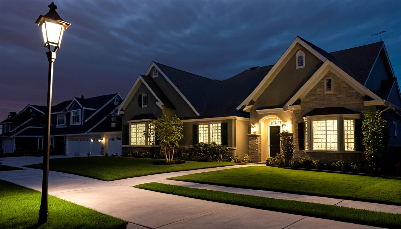 A house in a gated community at dusk, with no people around. The sky is transitioning from light to dark, casting long shadows over the well-maintained lawns and sidewalks. The house has a modern design with large windows, but the atmosphere feels tense and eerie. Street lamps are starting to turn on, casting a yellowish glow that contrasts with the darkening sky. The surrounding houses are similar in design, creating a uniform yet unsettling environment. The overall scene should convey a sense of unease and suspense.