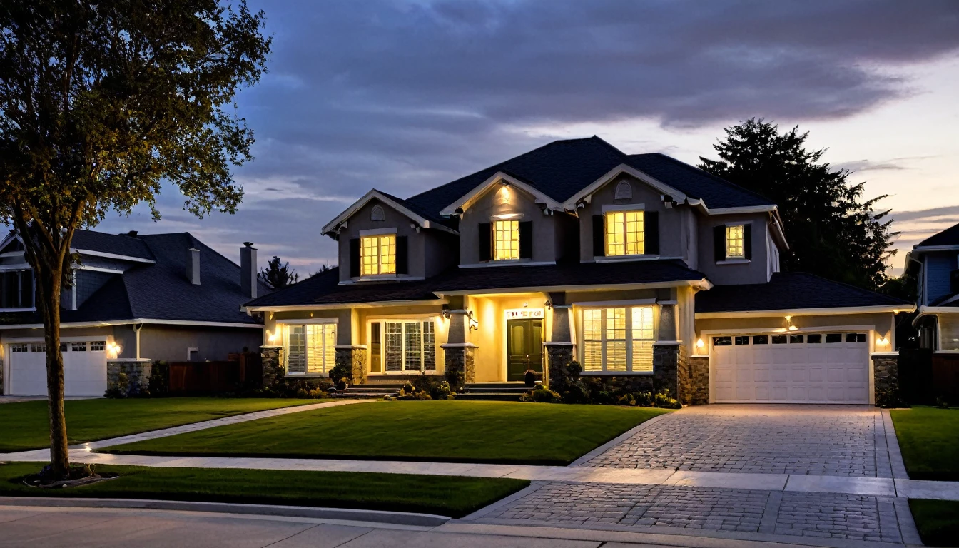 A house in a gated community at dusk, with no people around. The sky is transitioning from light to dark, casting long shadows over the well-maintained lawns and sidewalks. The house has a modern design with large windows, but the atmosphere feels tense and eerie. Street lamps are starting to turn on, casting a yellowish glow that contrasts with the darkening sky. The surrounding houses are similar in design, creating a uniform yet unsettling environment. The overall scene should convey a sense of unease and suspense.