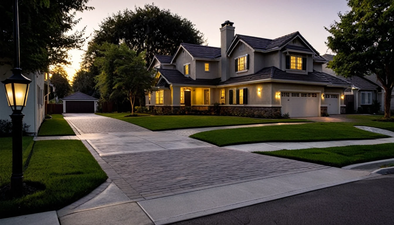 A house in a gated community at dusk, with no people around. The sky is transitioning from light to dark, casting long shadows over the well-maintained lawns and sidewalks. The house has a modern design with large windows, but the atmosphere feels tense and eerie. Street lamps are starting to turn on, casting a yellowish glow that contrasts with the darkening sky. The surrounding houses are similar in design, creating a uniform yet unsettling environment. The overall scene should convey a sense of unease and suspense.