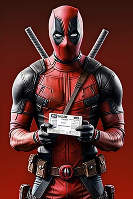 Create an image that contains a slightly animated Deadpool with an ID in hand with the phrase "You can&#39;t go see my movie if you&#39;re a ."