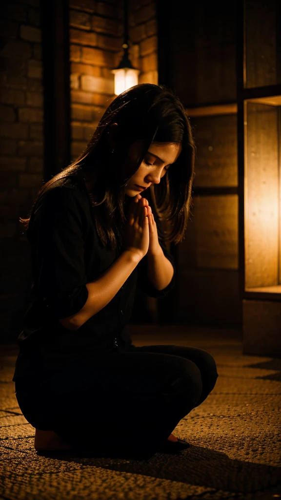 Woman praying aside, in the night