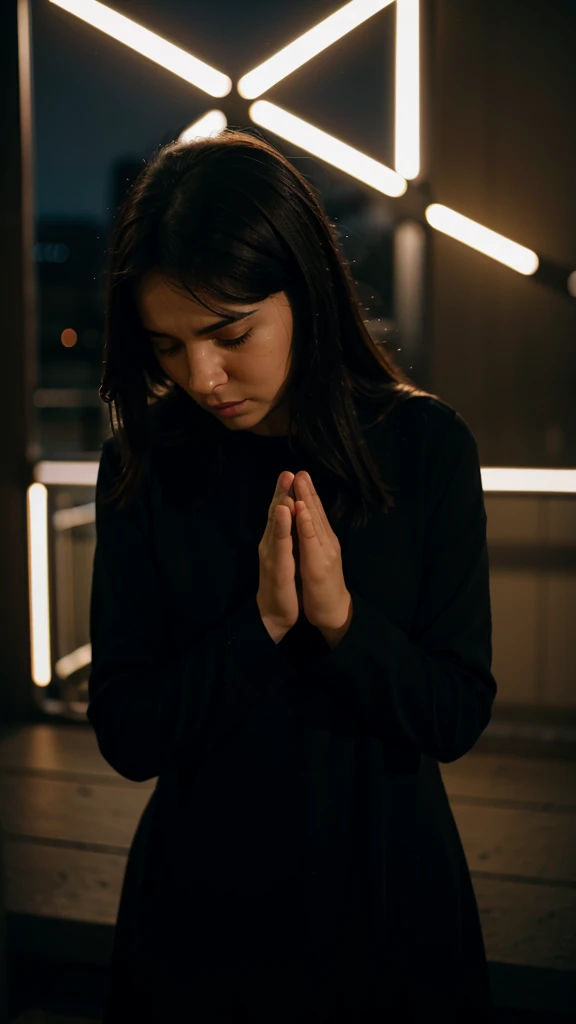 Woman praying aside, in the night