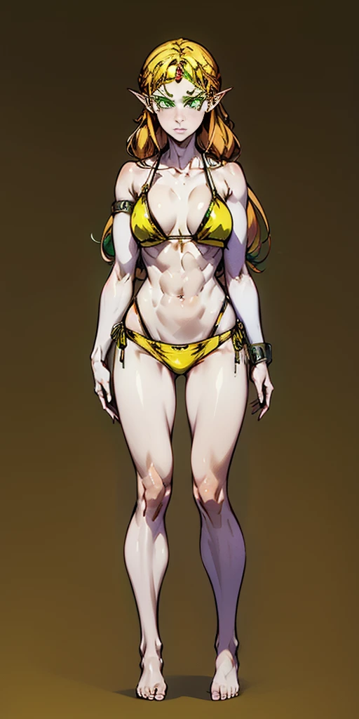 tsundere elf full body toe to head, long hair, blonde hair (green eyes:1.1) pointy ears, elf, multicolored hair, forehead jewel, yellow tiger bikini, standing symmetrical, plain background