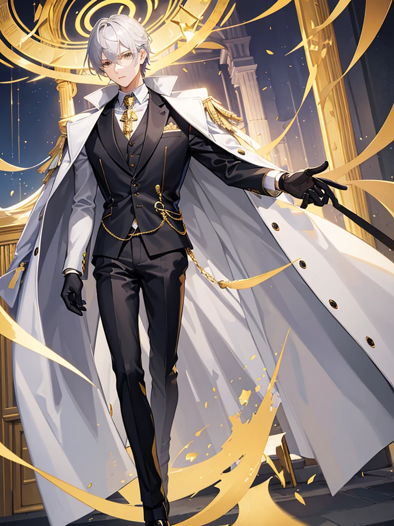 Sunday is a young man with fair skin., golden irises and dark blue pupils. He has sleek shoulder-length light gray hair with bangs, combed to the left. Behind his ears he has wings of the same color pierced with gold earrings, as well as a halo with details, resembling eyes, Behind your head, which represents his Halowian heritage.
Sunday outfit consists of a white sleeveless coat, light gray unbuttoned jacket underneath, black turtleneck with gold ornament in the middle, resembling an eye, and a dark blue wing-shaped vest under the jacket. He also wears white gloves with gold cross-cuts, as well as light gray trousers and black loafers with gray soles. To his left is a gold decoration, attached to a blue cape and tassel, and his coat and jacket are unbuttoned at the back, exposing the vest.