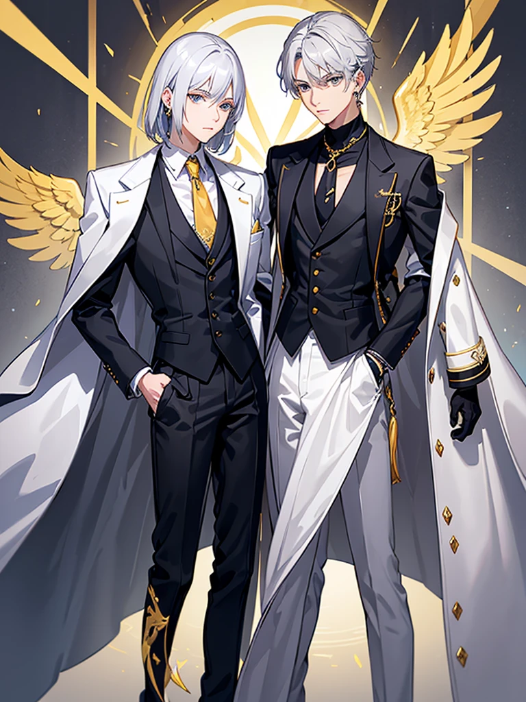 Sunday is a young man with fair skin., golden irises and dark blue pupils. He has sleek shoulder-length light gray hair with bangs, combed to the left. Behind his ears he has wings of the same color pierced with gold earrings, as well as a halo with details, resembling eyes, Behind your head, which represents his Halowian heritage.
Sunday outfit consists of a white sleeveless coat, light gray unbuttoned jacket underneath, black turtleneck with gold ornament in the middle, resembling an eye, and a dark blue wing-shaped vest under the jacket. He also wears white gloves with gold cross-cuts, as well as light gray trousers and black loafers with gray soles. To his left is a gold decoration, attached to a blue cape and tassel, and his coat and jacket are unbuttoned at the back, exposing the vest.