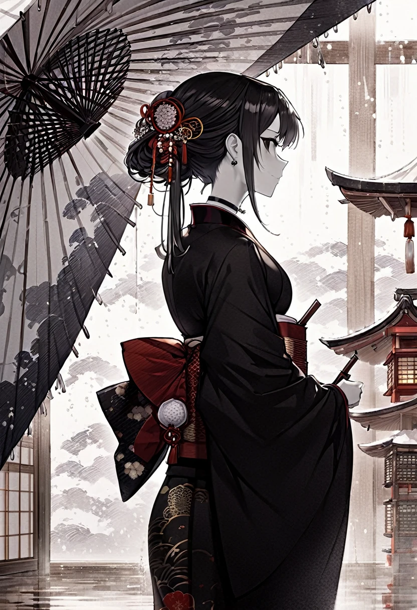 ink,Black and white painting,splash,Upper Body.profile,(A kimono with a wide open back collar that allows the back to be seen from the nape of the neck:1.2),(A gorgeously made-up courtesan),(Ornately decorated５Put a big hairpin made of a book in your hair:1.2),Gorgeous Japanese clothing,Large umbrella,Night scenery with lanterns lined up,
