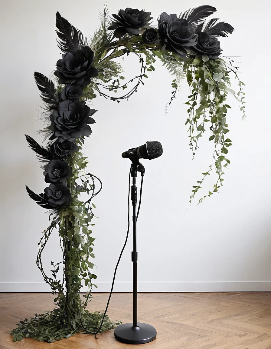 Boom microphone stand, decorated with decorative vines with black flowers and feathers