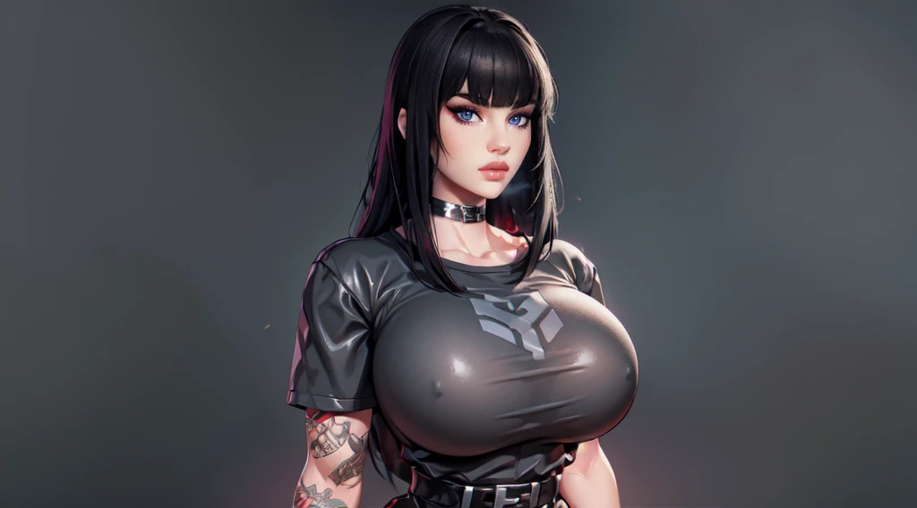 charlottefortnite, long hair, black_hair, bangs, blunt_bangs, red eyes, choker, red eyes, latex skirt, black_skirt, black latex shirt, belt, kneehighs, tattoo (masterpiece, HDR photo) BREAK droptop BREAK ((photorealistic), realistic face), big breasts, beautifully detailed woman, realistic face, detailed mouth, extremely detailed eyes_and_face, beautiful attractive face, beautiful detailed eyes, (photorealistic), pronounced feminine feature, matte eyeshadow, eyelashes, eyeliner, smooth skin, standing