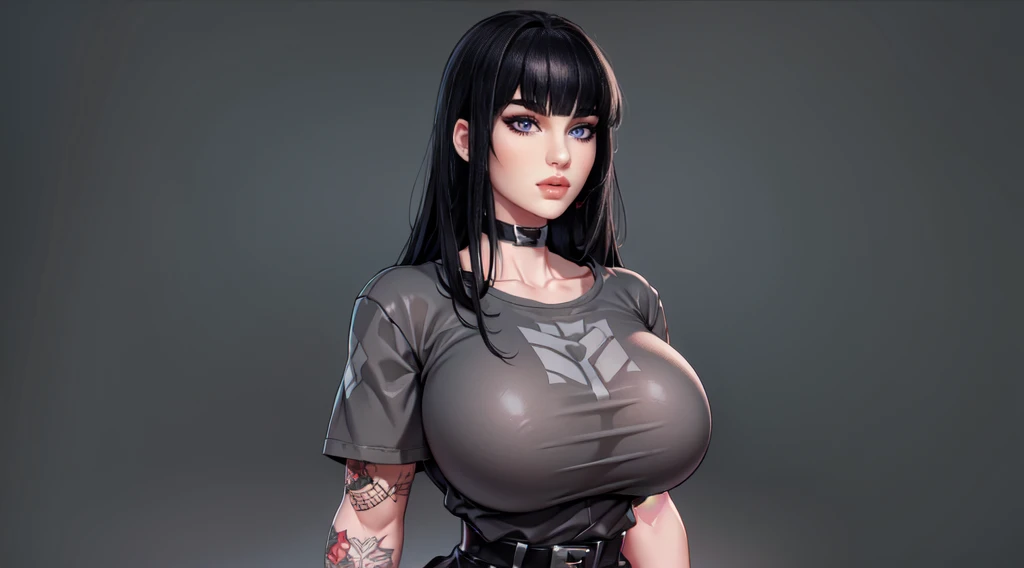 charlottefortnite, long hair, black_hair, bangs, blunt_bangs, red eyes, choker, red eyes, latex skirt, black_skirt, black latex shirt, belt, kneehighs, tattoo (masterpiece, HDR photo) BREAK droptop BREAK ((photorealistic), realistic face), big breasts, beautifully detailed woman, realistic face, detailed mouth, extremely detailed eyes_and_face, beautiful attractive face, beautiful detailed eyes, (photorealistic), pronounced feminine feature, matte eyeshadow, eyelashes, eyeliner, smooth skin, standing 