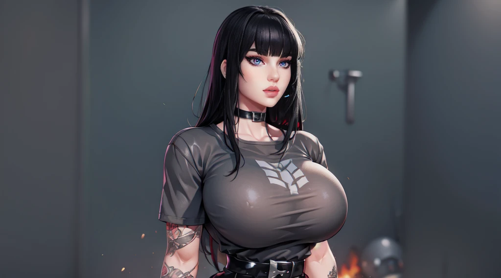 charlottefortnite, long hair, black_hair, bangs, blunt_bangs, red eyes, choker, red eyes, latex skirt, black_skirt, black latex shirt, belt, kneehighs, tattoo (masterpiece, HDR photo) BREAK droptop BREAK ((photorealistic), realistic face), big breasts, beautifully detailed woman, realistic face, detailed mouth, extremely detailed eyes_and_face, beautiful attractive face, beautiful detailed eyes, (photorealistic), pronounced feminine feature, matte eyeshadow, eyelashes, eyeliner, smooth skin, standing 