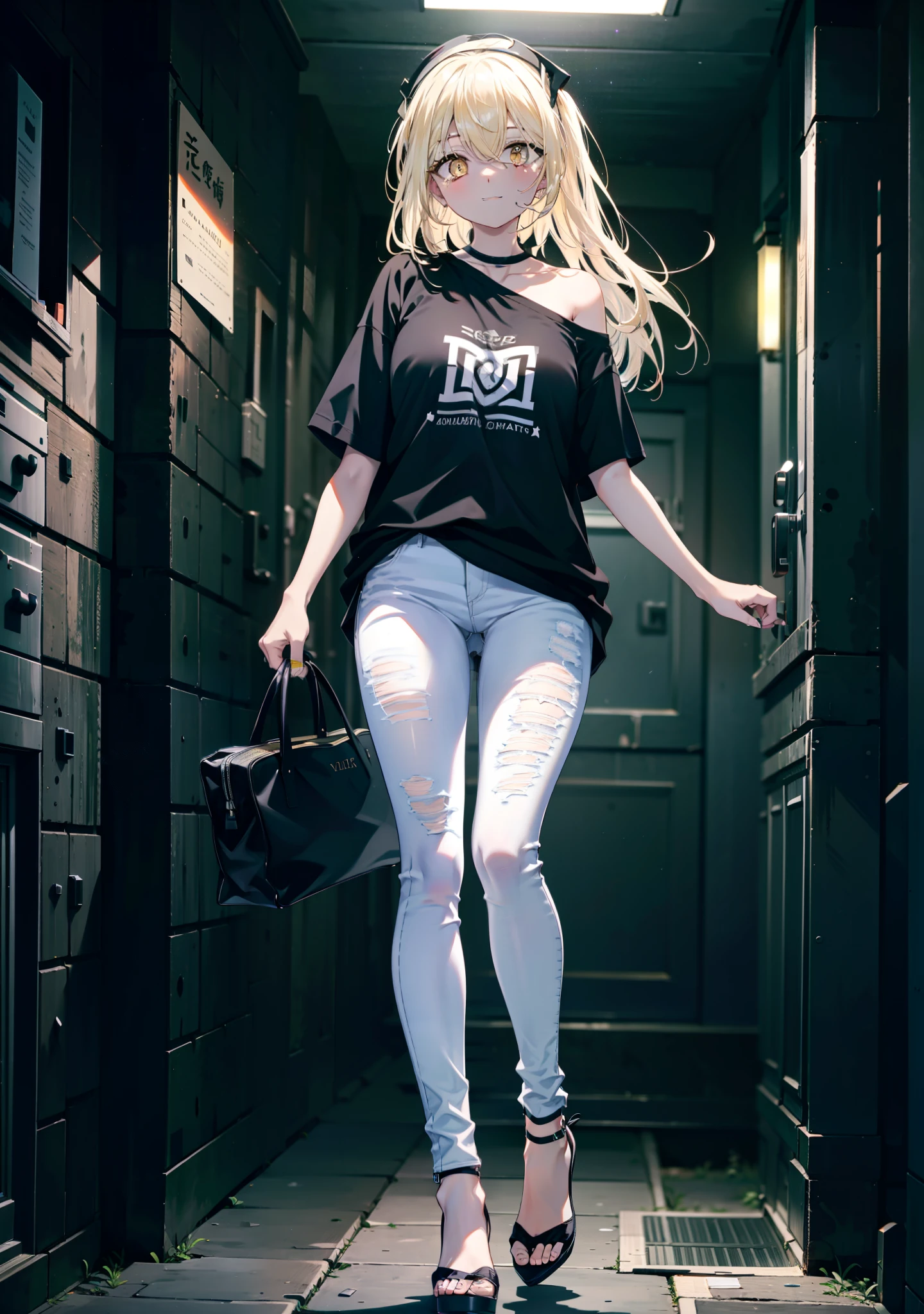 アイスWallenstein, Wallenstein, blonde, Hair between the eyes, hair band, Long Hair, (Yellow Eyes:1.5),happy smile, smile, Shut your mouth.,smile,blush,Oversized blue one-shoulder shirt,Short sleeve,Skinny jeans,Stiletto heels,whole bodyがイラストに入るように,Walking,Daytime,Clear skies, break looking at viewer,whole body, break outdoors,Building district, break (masterpiece:1.2), Highest quality, High resolution, unity 8k wallpaper, (shape:0.8), (Beautiful and beautiful eyes:1.6), Highly detailed face, Perfect lighting, Extremely detailed CG, (Perfect hands, Perfect Anatomy),