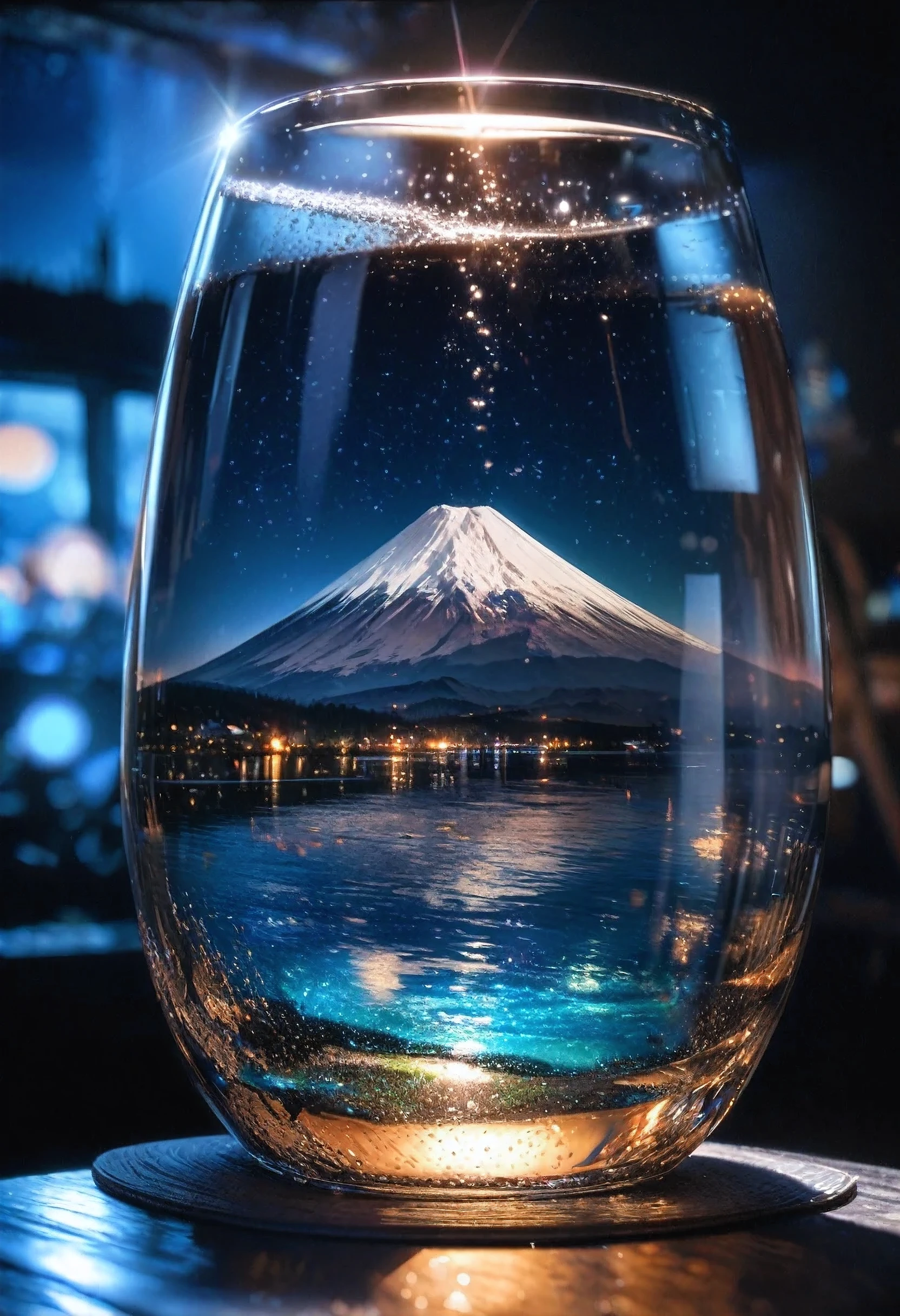 a detailed hyper-realistic 8K glass of water with bubbles, the right side of the glass filled with blue water, beautiful, bright, with Mount Fuji and starry night sky inside the glass, masterpiece, ultra-detailed, realistic, photo-realistic, HDR, studio lighting, physically-based rendering, vivid colors, bokeh