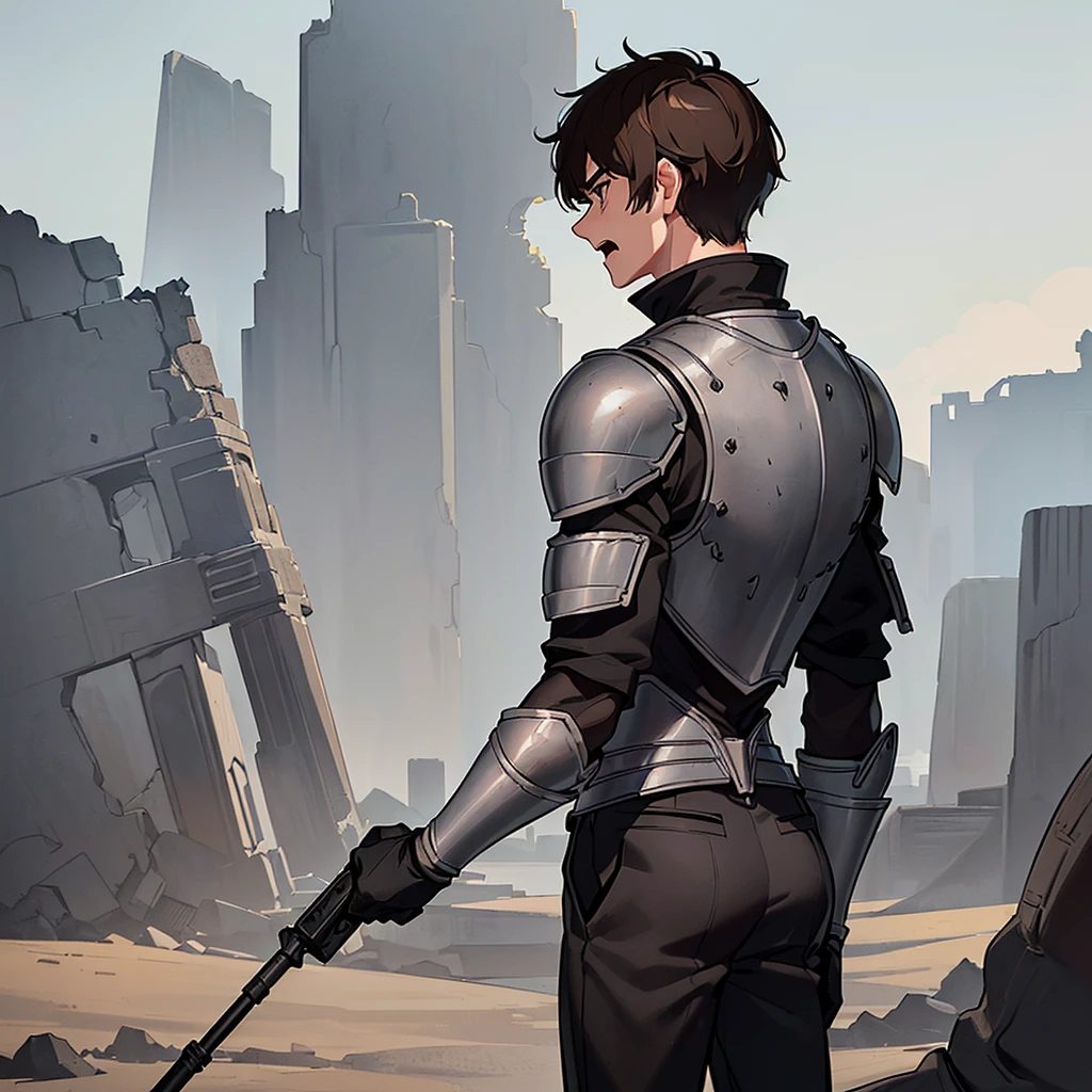 ((((Solo))))、((((Get Ready))))、Best illustrations、Best Quality、(((Simple grey armor、Black trousers、Black gloves、Short Hair、Brown Hair、20 year old man)))、(Old ruins、desert。Grass)、(get annoyed、Open your mouth、Get angry)、battlefield、(White background)、(From the back、back view)