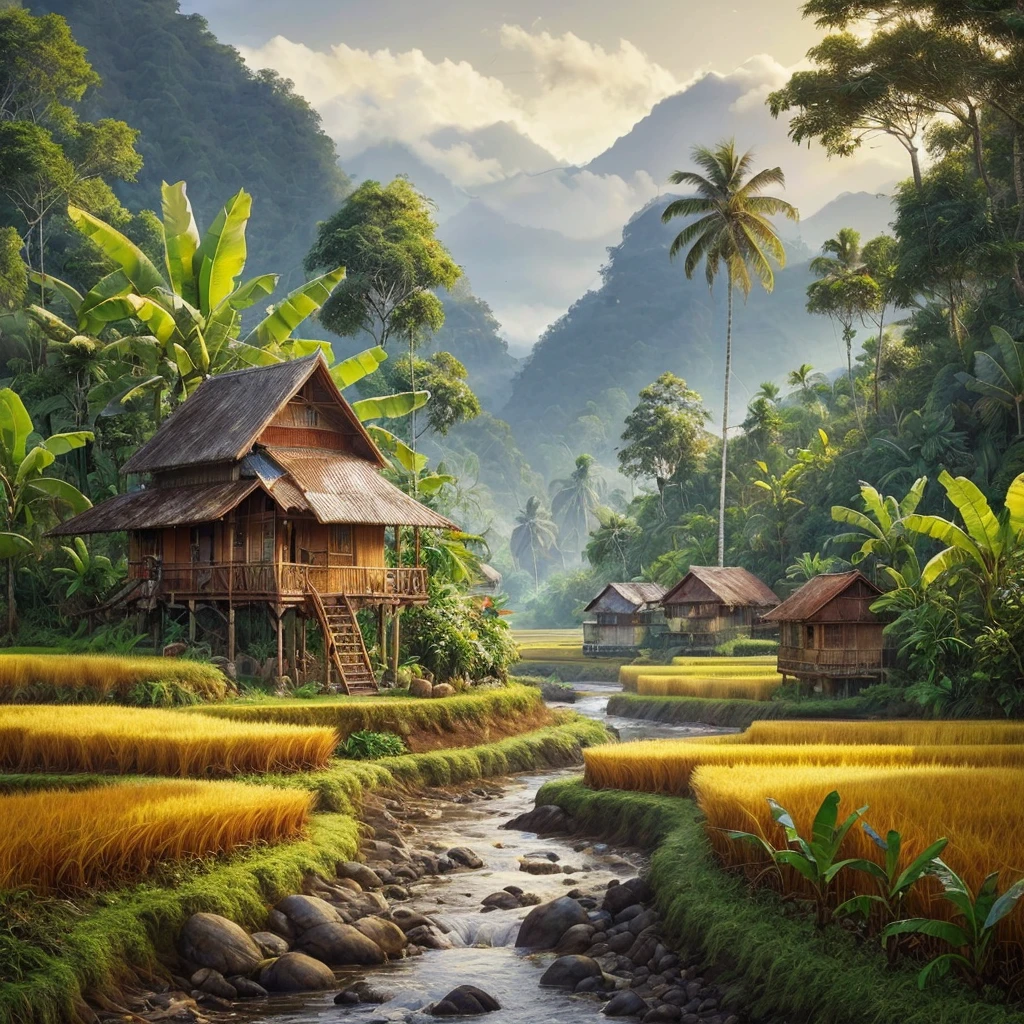beautiful paintings of rice fields, rocky rivers, banana trees, coconut trees, wooden houses with tin roofs, with mountain backgrounds, fine art paintings, trending in the CG community, Sumatra, houses in the forest, son, tropical locations, cellphone wallpapers
