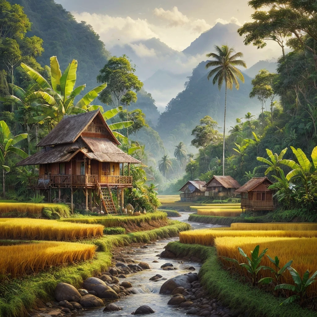 beautiful paintings of rice fields, rocky rivers, banana trees, coconut trees, wooden houses with tin roofs, with mountain backgrounds, fine art paintings, trending in the CG community, Sumatra, houses in the forest, son, tropical locations, cellphone wallpapers