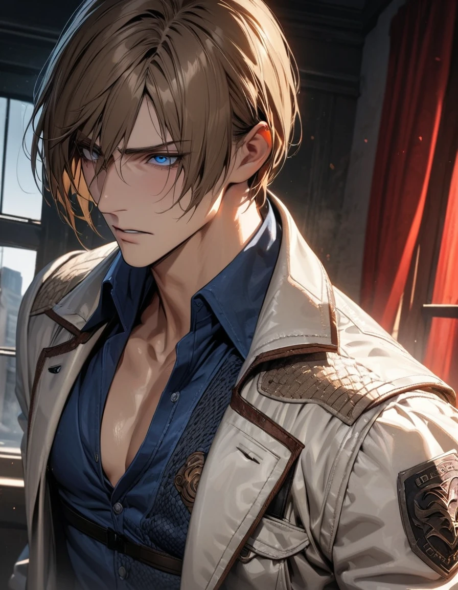 absurdities, High resolution, ultra detailed, HdR, masterpiece, Extremely detailed face and eyes, Leon Kennedy, medium blonde brown hair, expressive blue eyes, resident evil 6, 1 man, elegant, white jacket, Fitted blue shirt, toned chest, window, Red curtains