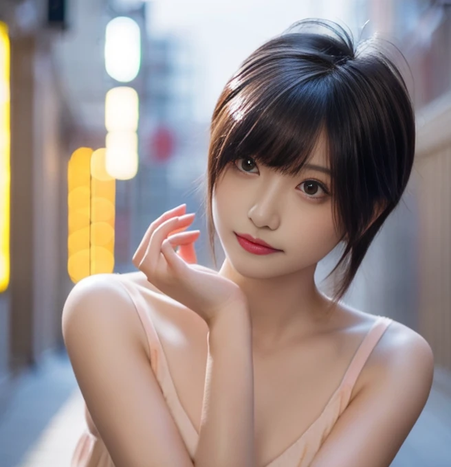 beauty,Perfect Eyes,Short cut with smooth and shiny hair、Her hair is light pink、Realistic 3D images、Very beautiful brown skin,Bust is very very very small、Full body nude images、The background is an arcade、High resolution、high resolution、A seductive pose with her hair brushed back、high resolution写真、Her lips are a light orange color with a lustrous shine.、Hairless genitals、Clear, sharp images of the lower body、Masterpiece 8K、