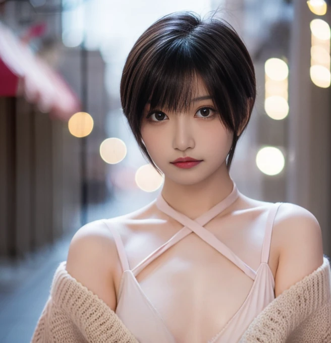 beauty,Perfect Eyes,Short cut with smooth and shiny hair、Her hair is light pink、Realistic 3D images、Very beautiful brown skin,Bust is very very very small、Full body nude images、The background is an arcade、High resolution、high resolution、A seductive pose with her hair brushed back、high resolution写真、Her lips are a light orange color with a lustrous shine.、Hairless genitals、Clear, sharp images of the lower body、Masterpiece 8K、