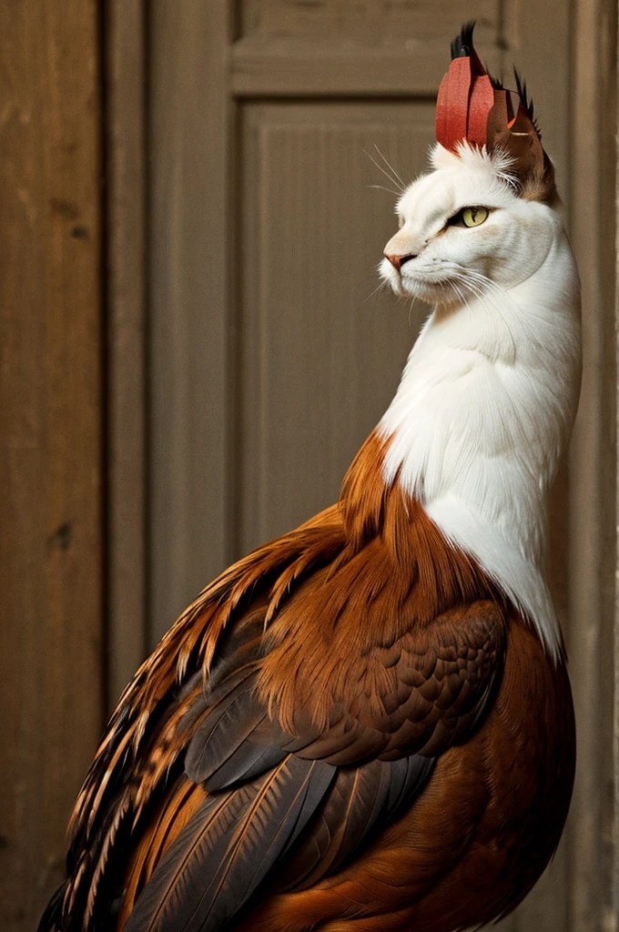 Cat with a rooster face 
