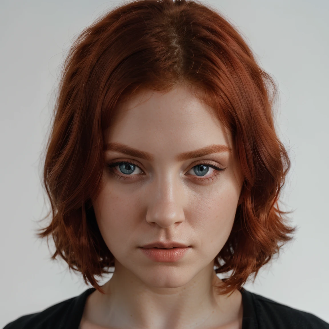 front view, looking at camera, RAW photo,((black shirt:1.2)), ((portrait)),beautiful red hair 30 years old woman, blue eyes, perfecteyes eyes, angelical face ((white background:1.2)), studio lighting, high quality, film grain, Fujifilm XT3, centralized