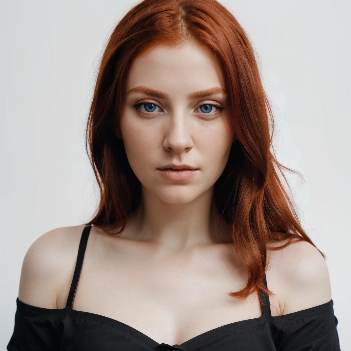 front view, looking at camera, RAW photo,((black shirt:1.2)), ((portrait)),beautiful red hair 30 years old woman, blue eyes, perfecteyes eyes, angelical face ((white background:1.2)), studio lighting, high quality, film grain, Fujifilm XT3, centralized