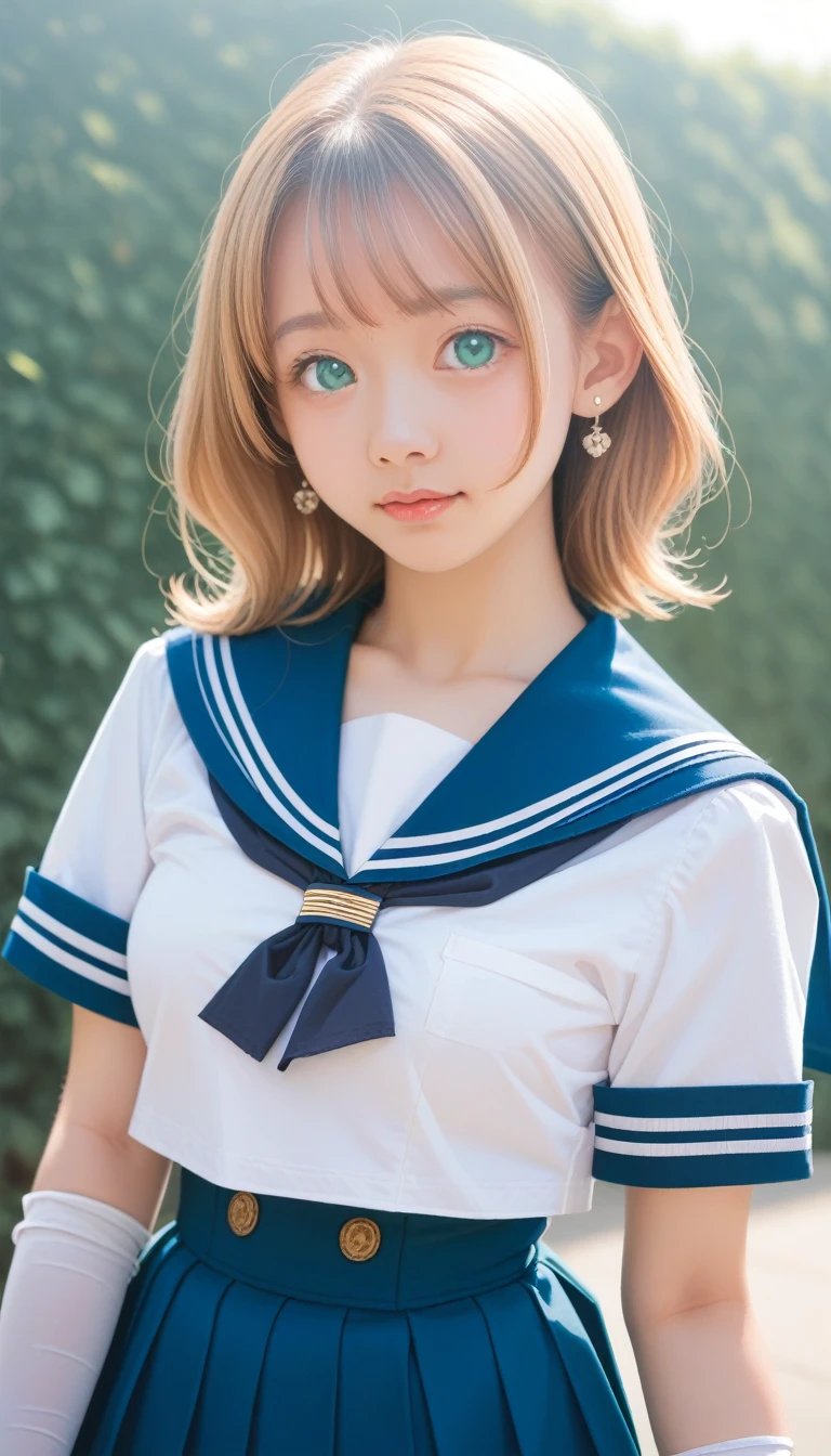 score_9_up, score_8_up, score_7_up, score_6_up,close up, 1 girl, sailor, Tsukino Usagi, (sailor chiseki uniform:1.2), (Aqua eyes:0.9), Blonde Hair, Medium Length Hair, Wedge Skirt, best quality, earrings, masterpiece, high resolution, Intricate details, (Practical)), photography, (White elbow gloves:1.1), Jewelry, Medium breasts, whole body, Dynamic Background, Dynamic poses, White